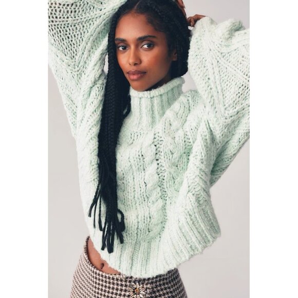 NEW By Anthropologie Fisherman Sweater Mint Size S Chunky Cable Knit Mock $168 - Picture 3 of 16